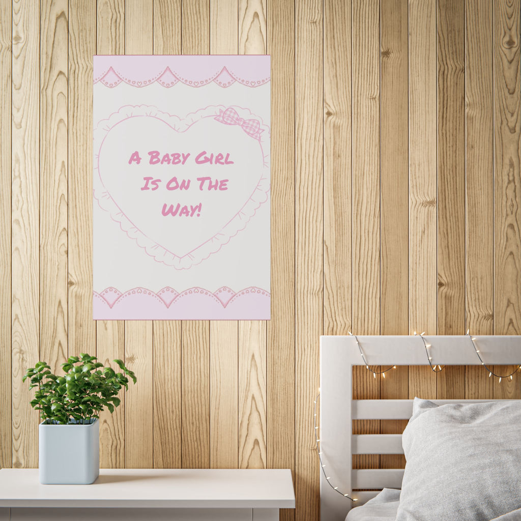 Baby Announcement Poster — "A Baby Girl Is On The Way!" Pink Heart Nursery Print