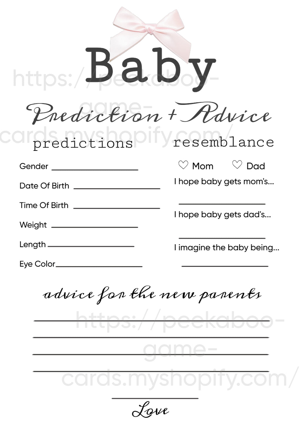Pink Bow/ Baby Prediction Cards (Digital)