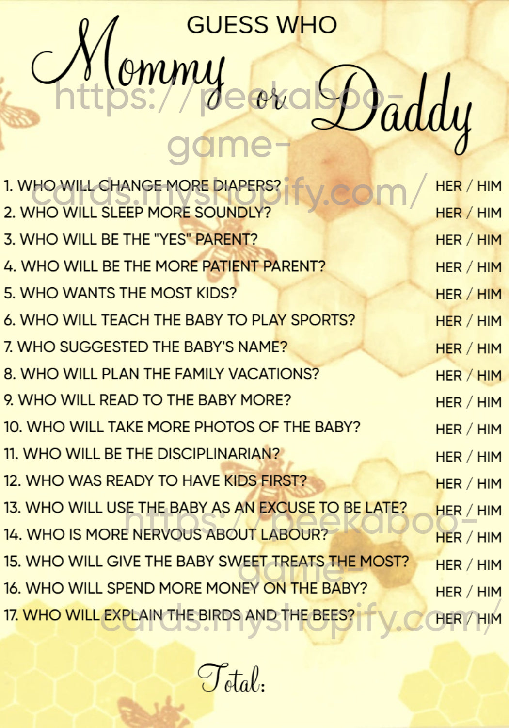 Hi Honey Baby Shower Game Card