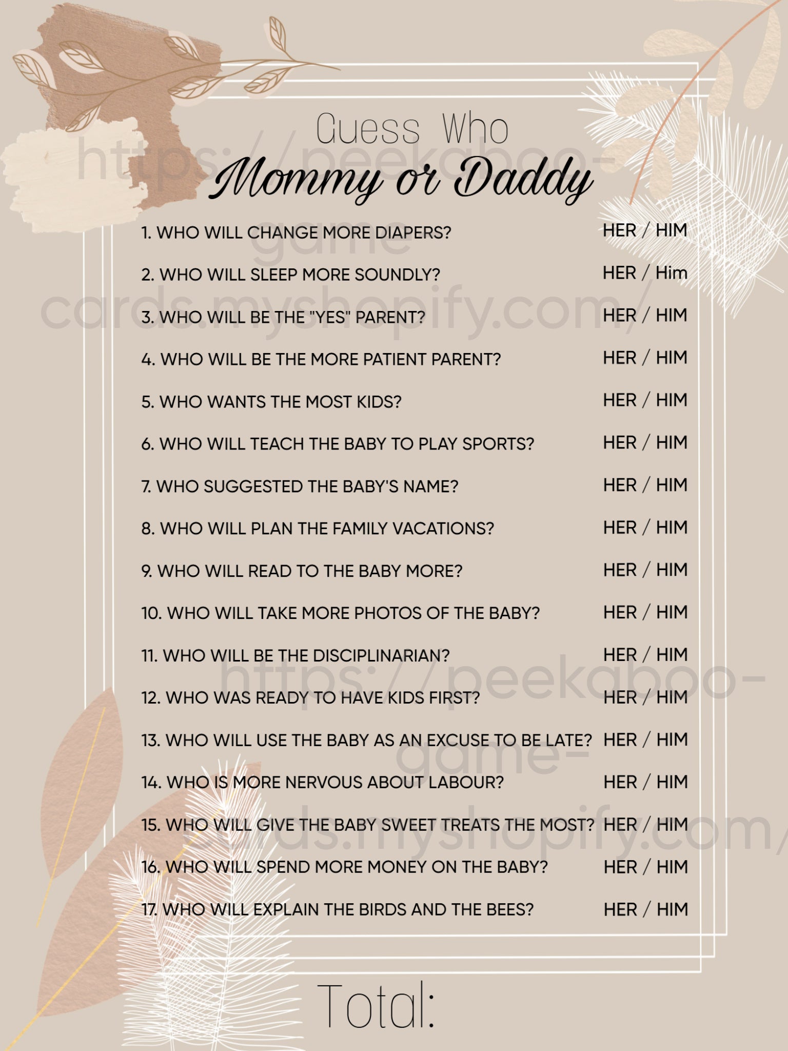 Neutral Beige Baby Shower Game Cards