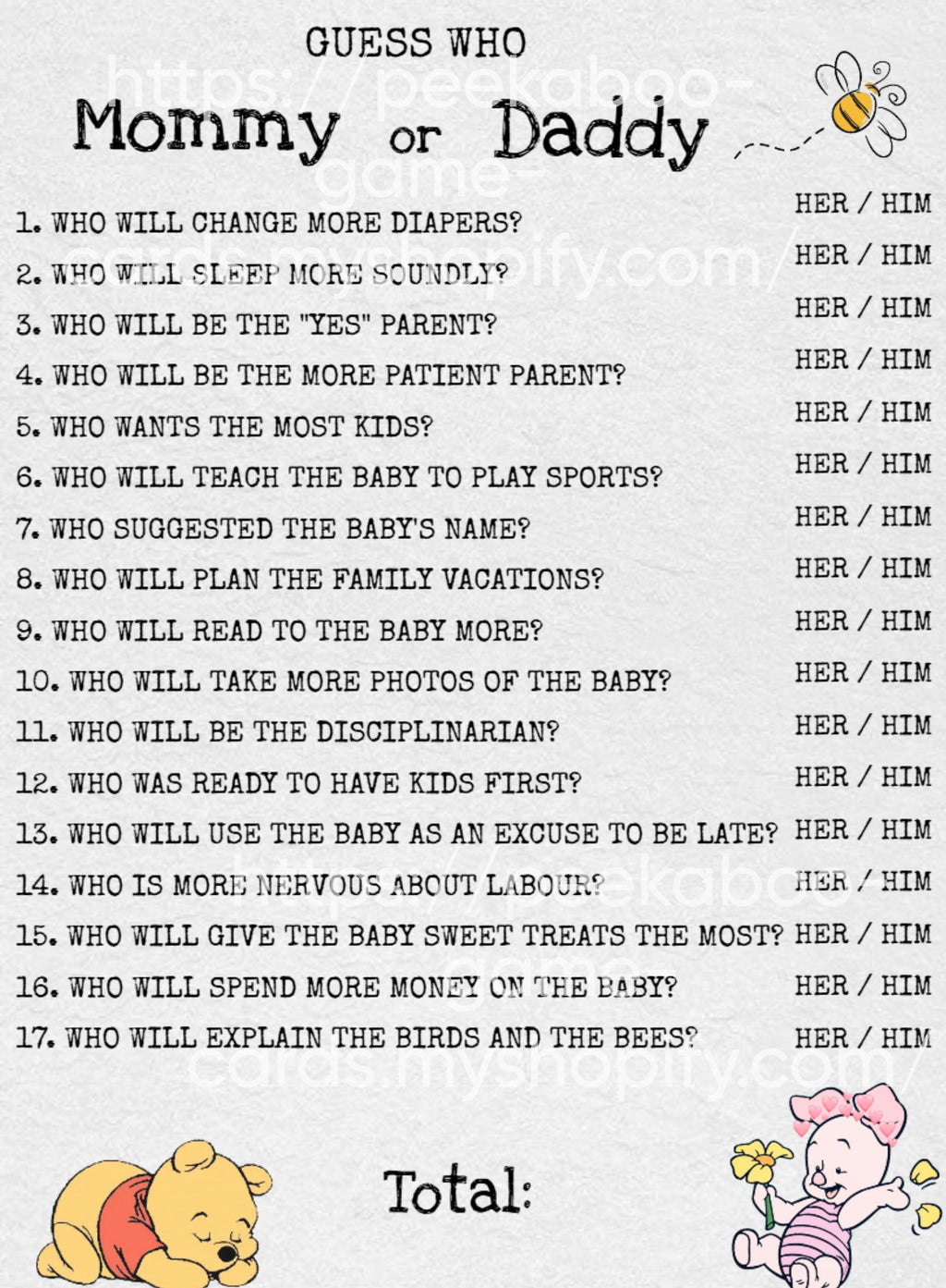 Winnie The Pooh Baby Shower Game Cards