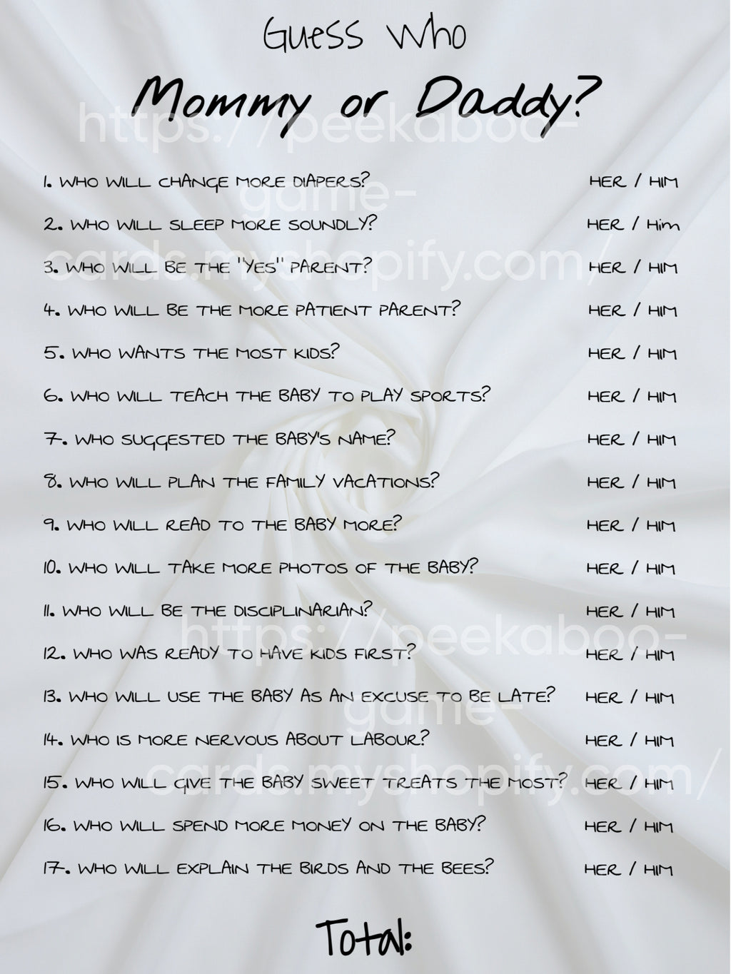 Teddy Bear Baby Shower Game Card