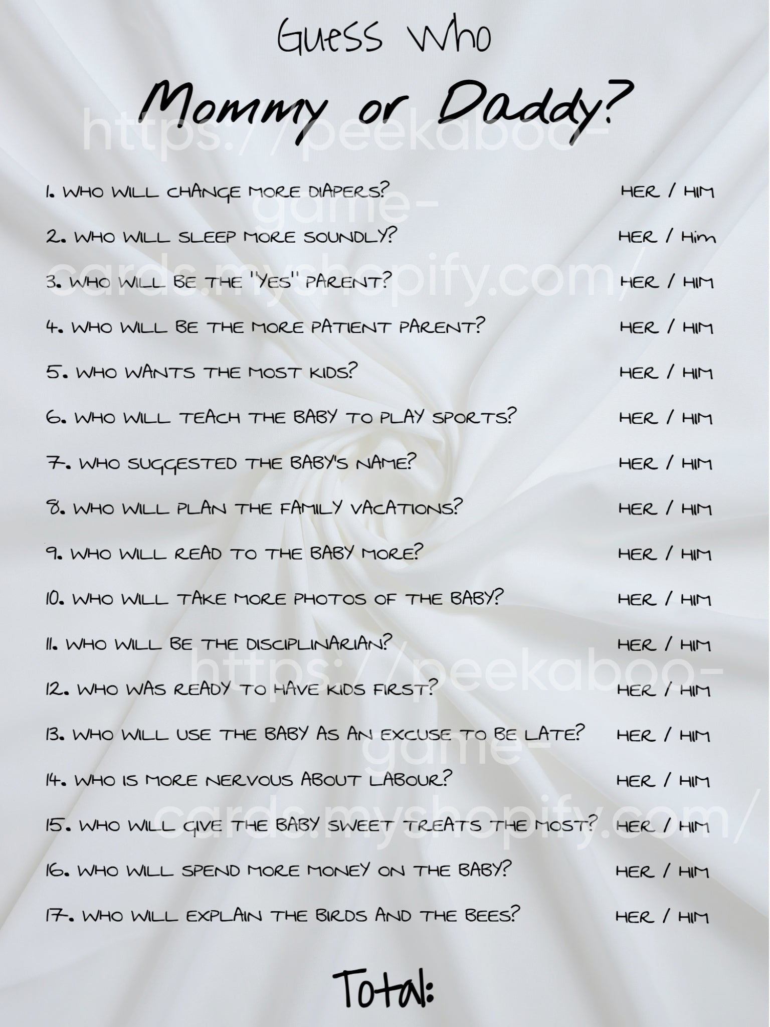 Teddy Bear Baby Shower Game Card